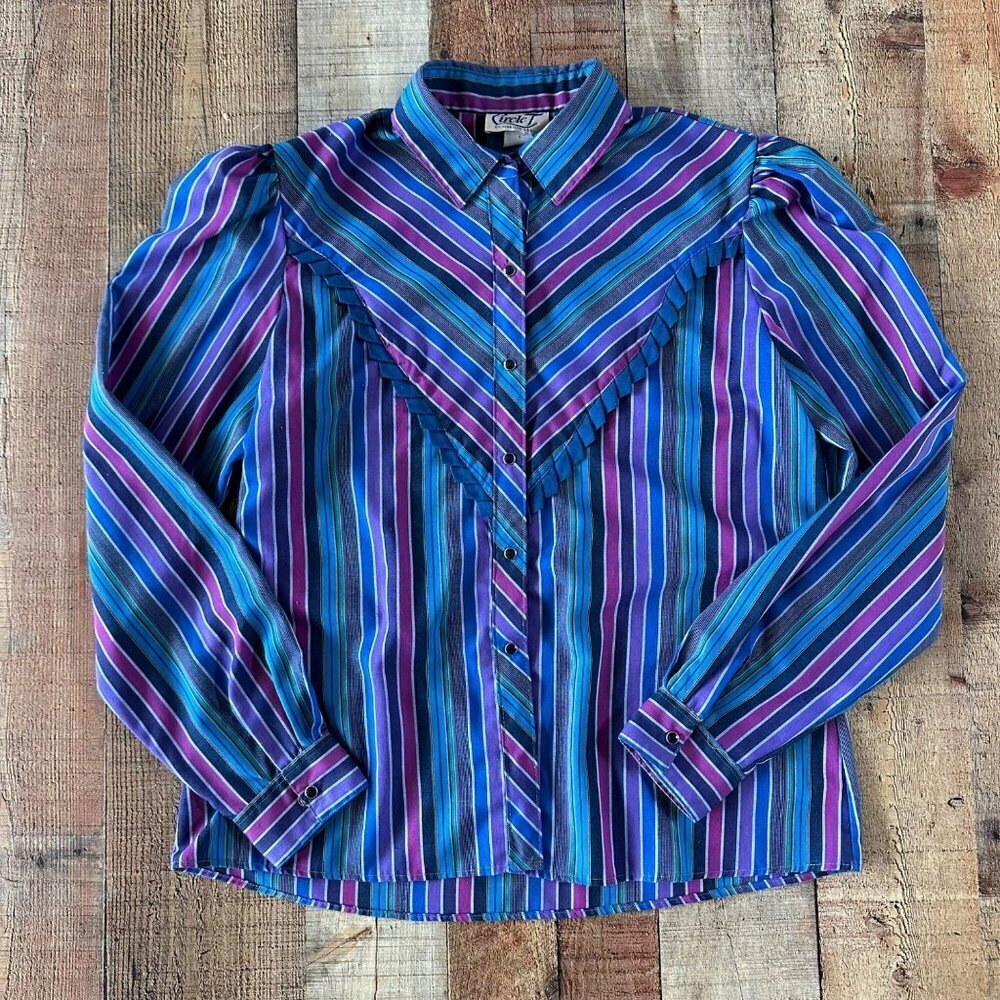Vintage Circle T blue and purple striped snap down long sleeve western shirt